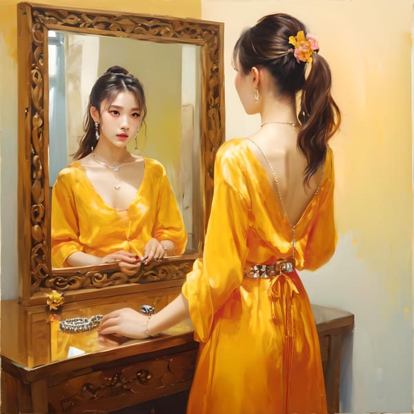 A girl in an orange long dress facing a Chinese fitting mirror.