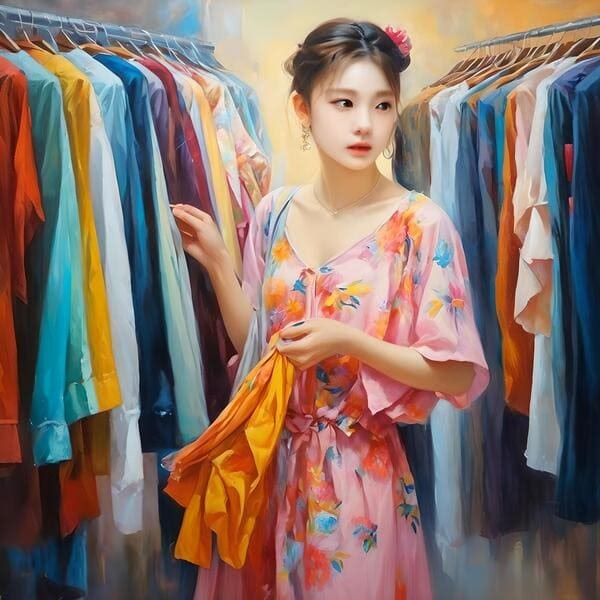 The girl in the pink long dress who is selecting clothes, she chose an orange dress.