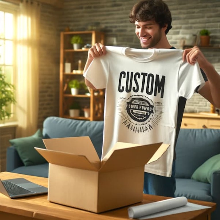 An image of a person receiving their custom t-shirt in the mail, showing excitement and satisfaction with the final product.