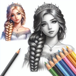 princess. pencil drawing of a beautiful young princess with braided hair, in the style of fantasy art. Style: a highly detailed, 3D rendering style with realistic textures, lighting and shading. hyperrealism. Make it colourful and  attractive 
