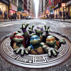 ninja turtle. Ninja Turtles peeking out of a manhole cover with "Sewer Sweet Sewer" slogan