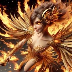 digital art, superhero art, disney-pixar style, hyperdetailed, hyper realistic, epic action, looking dow,3/4 low angle full-length portrait: marvelously beautiful firebird girl, merger between gold and fire, hypnotic, feathered hair, partially feathered s