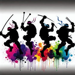 ninja turtle. Silhouettes of the turtles jumping with colorful paint splatters behind them