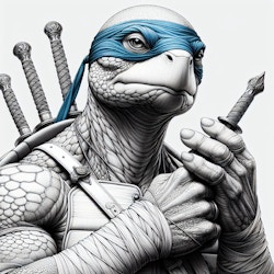 Leonardo from Teenage Mutant Ninja Turtles, Ultra realistic, real detailed fingers, fullshot, trending on artstation, octane render, insanely detailed, 8k resolution, Unreal Engine 5, hyperdetailed eyes, hyperrealism extremely detailed epic masterwork. Style: line art drawing with simplicity and clarity in composition
