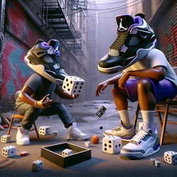 venom. leave a royal blue pair of jordan 3's sitting on a shoe box in front of them like they are playing for that pair of shoes, . use regular sized dice that are white with black dots, Put a number 3 allan iverson retro throwback jerYou are an ai image . Style: a highly detailed, 3D rendering style with realistic textures, lighting and shading. hyperrealism. incredible 8k high resolution. make sure the sneakers are in the correct spot which is the head on both guys