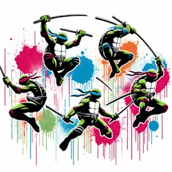 ninja turtle. Silhouettes of the turtles jumping with colorful paint splatters behind them