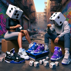 venom. venom. just 2 dice, leave a royal blue pair of jordan 3's sitting on a shoe box in front of them like they are playing for that pair of shoes, . use regular sized dice (2 of them) that are white with black dots, You are an ai image generator and on. Style: a highly detailed, 3D rendering style with realistic textures, lighting and shading. hyperrealism. incredible 8k high resolution. make sure the sneakers are in the correct spot which is the head on both guys