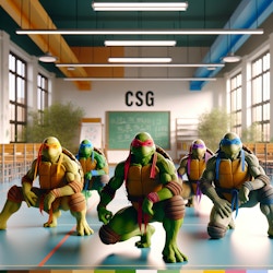 School, text "CSG", ninja turtles. Style: photo-realistic image with natural, soft lighting and a shallow depth of field.  vibrant natural color , detailed textures, and an eye-level perspective. Capture the subject in a lifelike pose within a realistic setting.. white