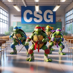 School, text "CSG", ninja turtles. Style: photo-realistic image with natural, soft lighting and a shallow depth of field.  vibrant natural color , detailed textures, and an eye-level perspective. Capture the subject in a lifelike pose within a realistic setting.