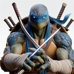 Leonardo from Teenage Mutant Ninja Turtles, Ultra realistic, real detailed fingers, fullshot, trending on artstation, octane render, insanely detailed, 8k resolution, Unreal Engine 5, hyperdetailed eyes, hyperrealism extremely detailed epic masterwork. Style: a highly detailed, 3D rendering style with realistic textures, lighting and shading. hyperrealism