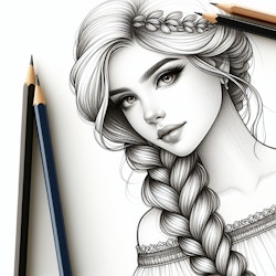 pencil drawing of a beautiful young princess with braided hair, in the style of fantasy art. Style: line art drawing with simplicity and clarity in composition