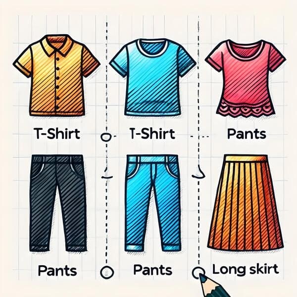 Six clothing items: orange collared T-shirt, blue T-shirt, pink blouse, dark grey pants, light blue pants, yellow-to-orange long skirt. Labels and selection buttons below each item.