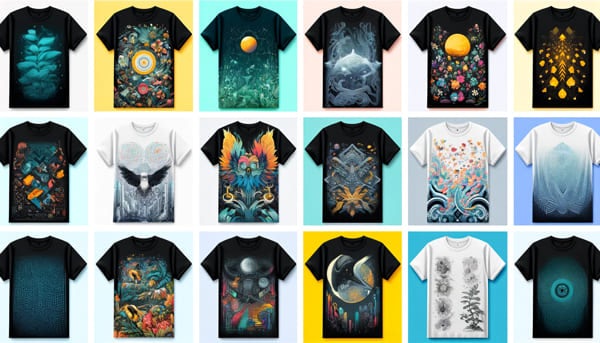 A grid showcasing diverse t-shirt designs generated by AI, highlighting various styles and themes.