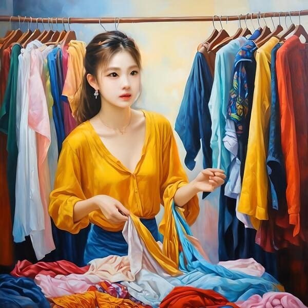 A girl in an orange long dress who is cutting, sewing, and making clothes.